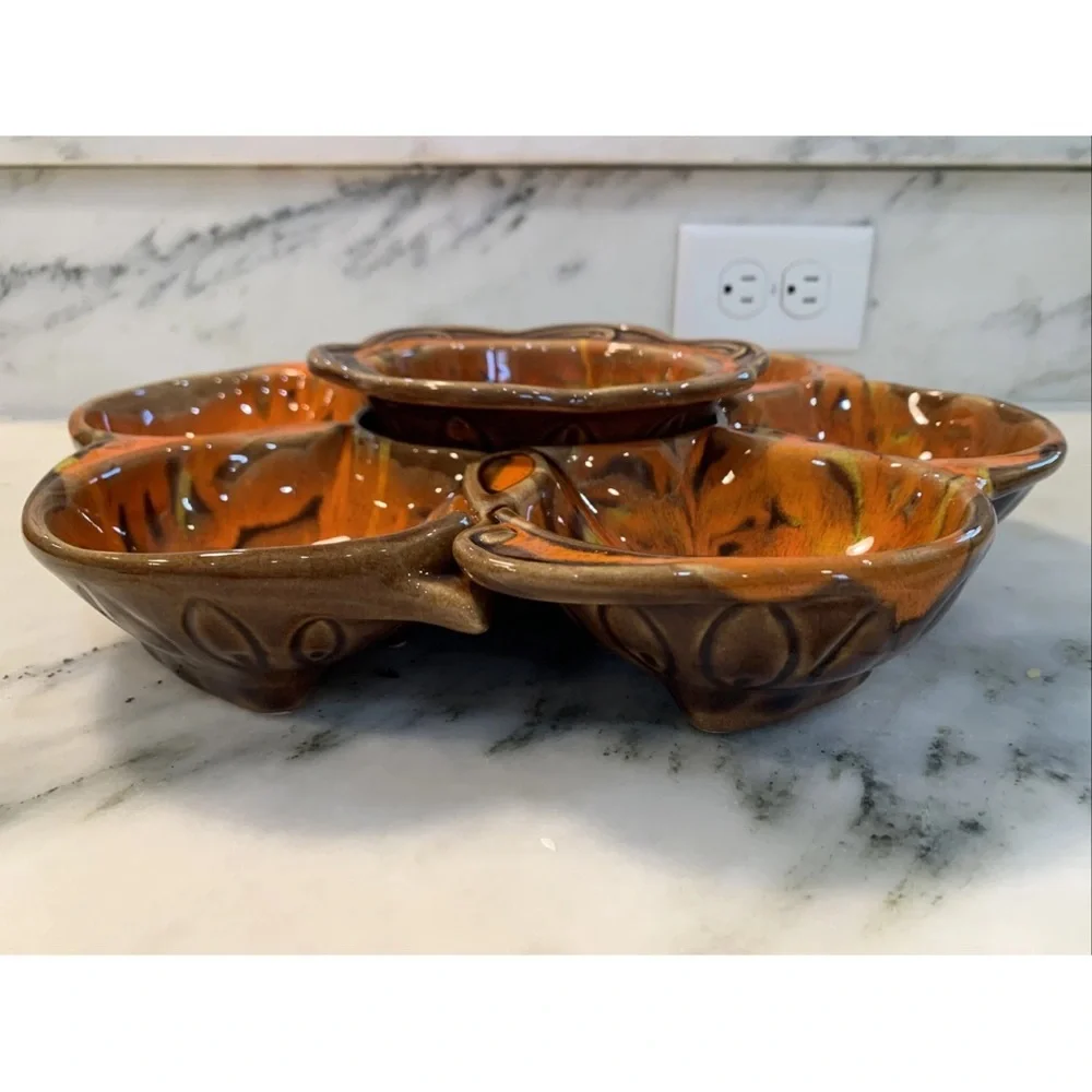 Vintage 1960's California Orig. Pottery Relish Veggie Chip Dip 3 Sections #1192